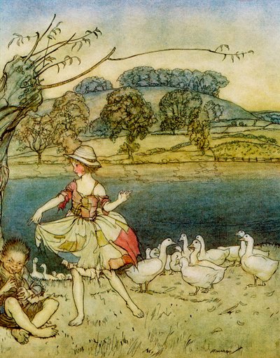 Tattercoats dancing while the gooseherd pipes, from English Fairy Tales Retold by F.A. Steel, 1927 by Arthur Rackham
